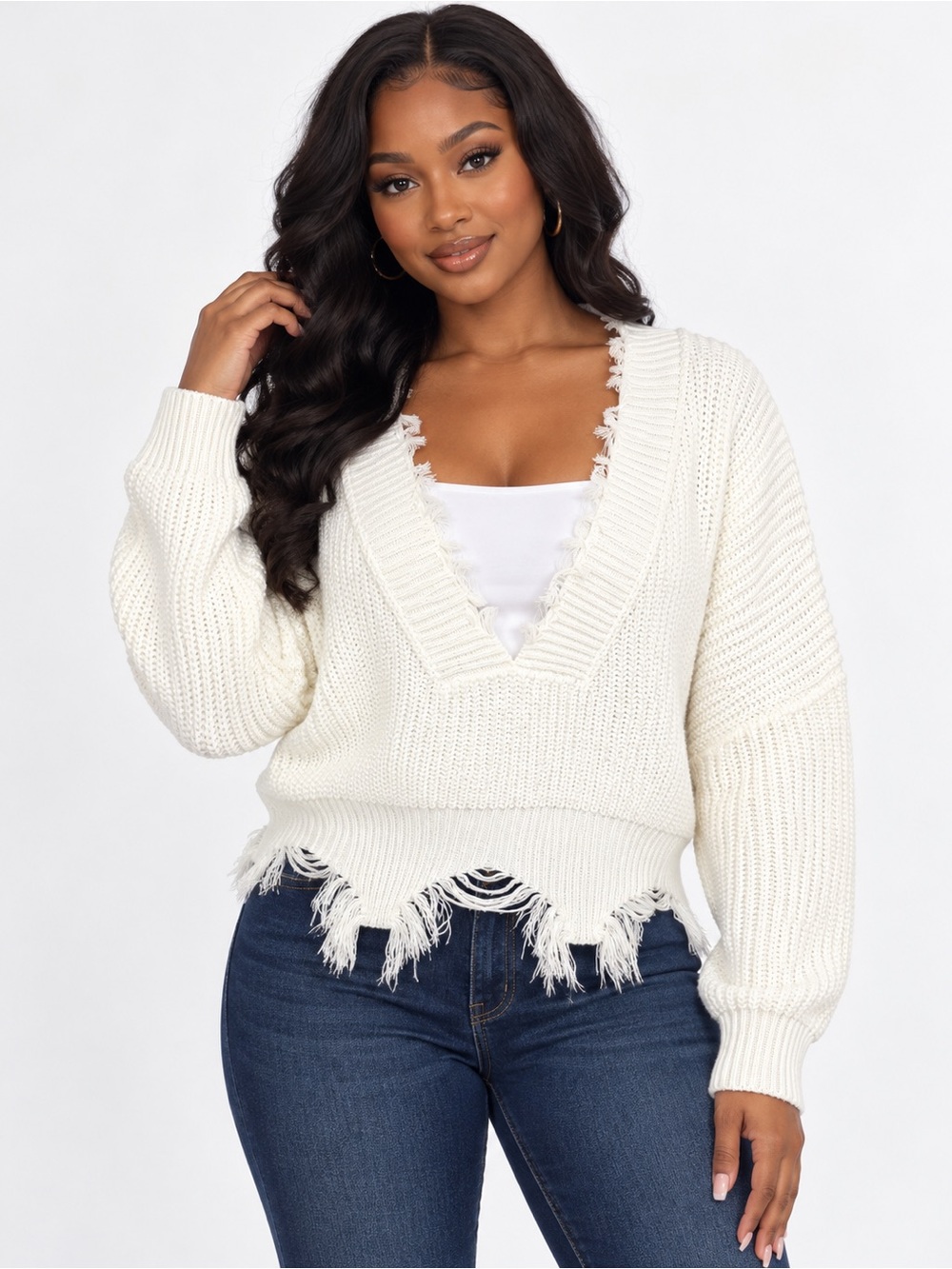HERA Collection White Fringe V-Neck Knit Sweater, Women’s Large